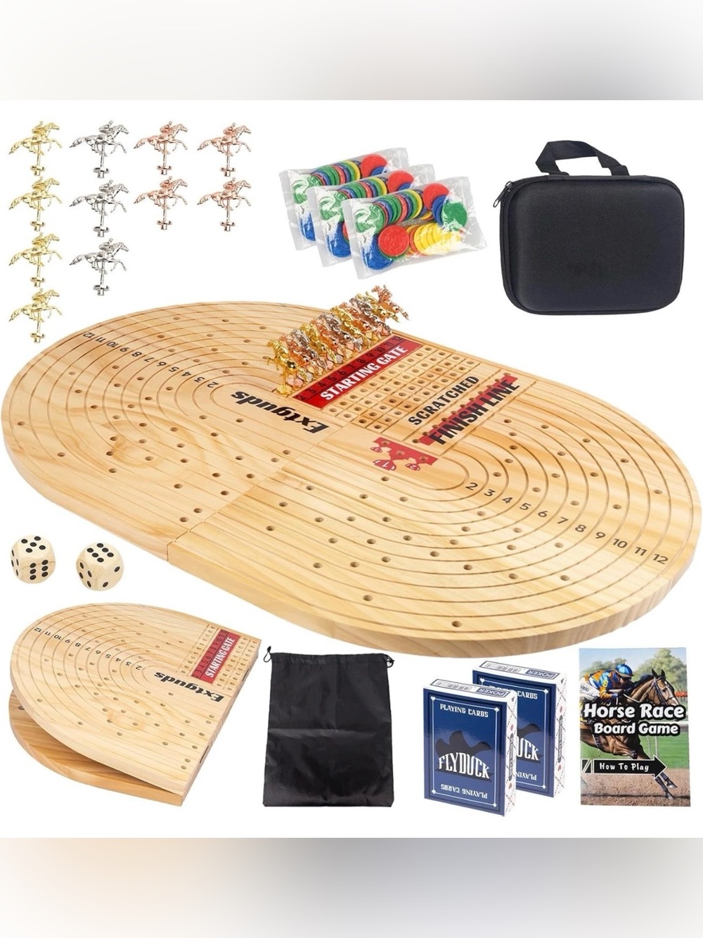 24.8in Wood Horse Race Board Game Luxury Foldable Horse Racing Game w/11 Horses